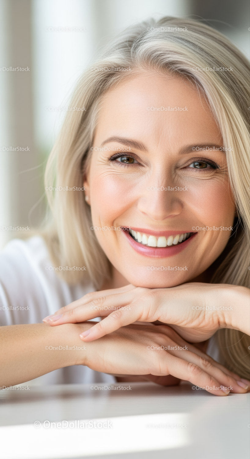 Joyful Blonde Woman with Bright Smile in Indoor Setting