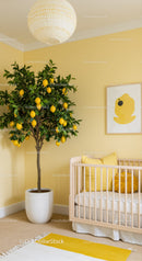 Vibrant Lemon Tree in a Bright Nursery with Yellow Decor and Modern Art