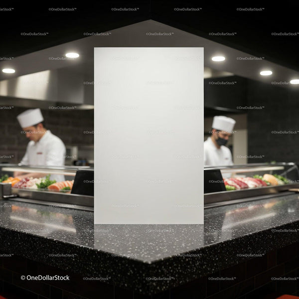 Pusta tablica menu na ladzie sushi baru z kucharzami przy pracy