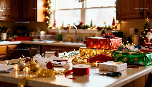 Festive Christmas gift wrapping scene on kitchen island