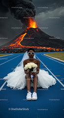 Bride in Wedding Dress Amidst Erupting Volcano