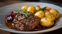 Gourmet Beef Steak with Mashed Potatoes and Herb Garnish