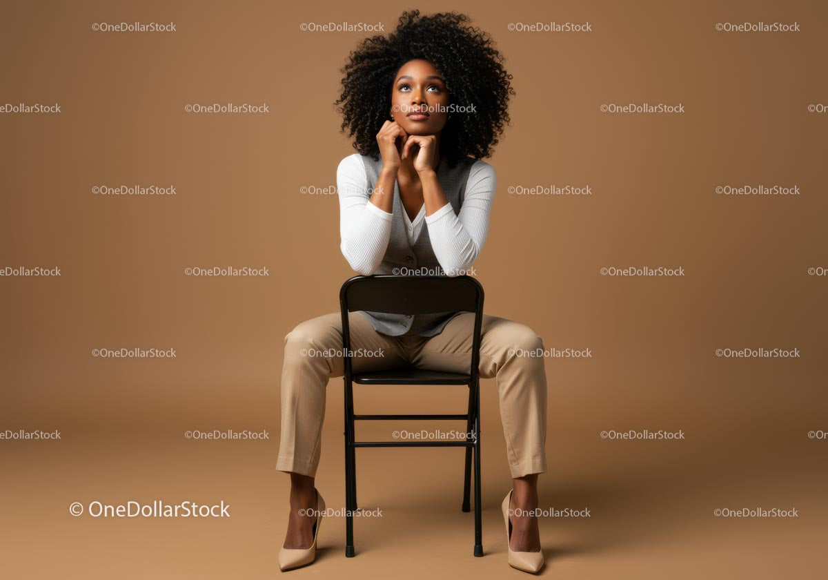 Confident Woman in Stylish Outfit Sitting on a Chair in Studio