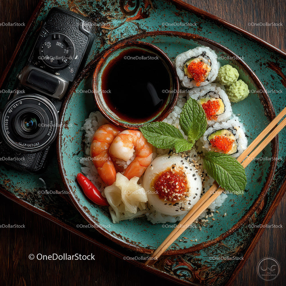Colorful Sushi Platter with Shrimp, Fish Roe and Soy Sauce