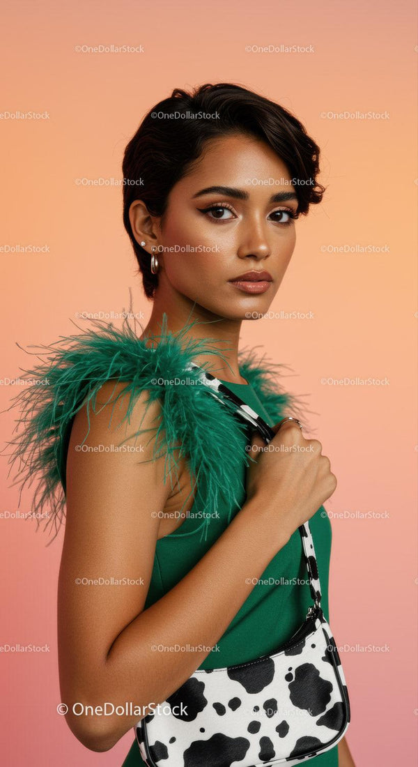 Fashion Portrait of a Woman in Green Feathered Dress and Cow Print Bag