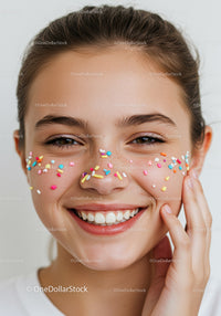 Joyful Young Woman Smiling with Colorful Sprinkles on Face