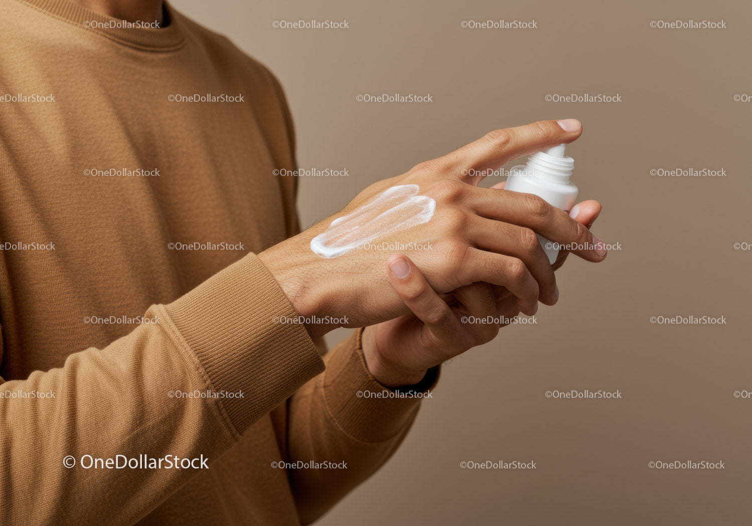 Close-up of Hands Applying Skin Lotion in Neutral Background
