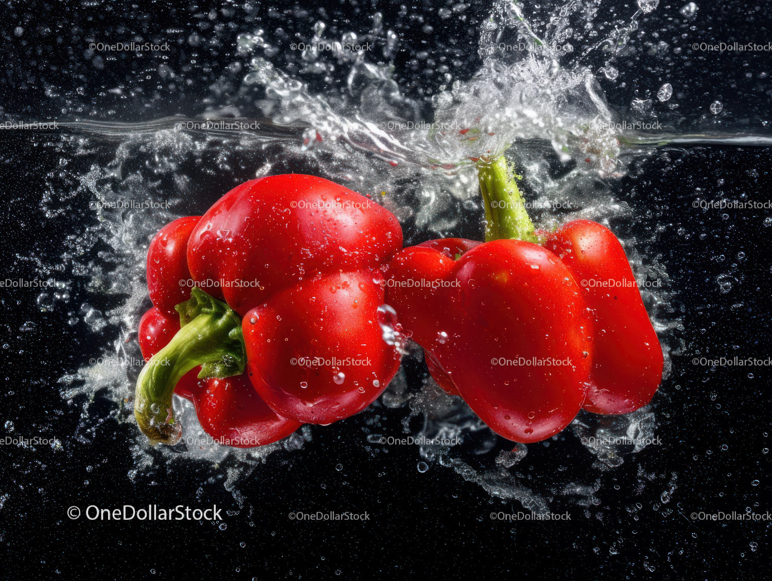 Fresh Red Bell Peppers Splashing in Water for Healthy Food