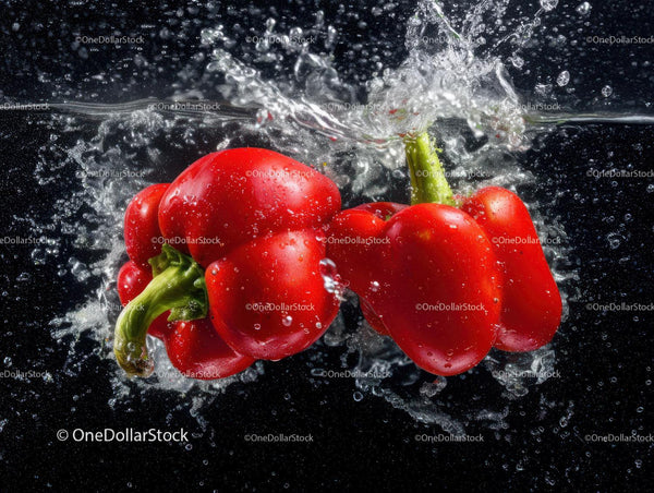 Fresh Red Bell Peppers Splashing in Water for Healthy Food