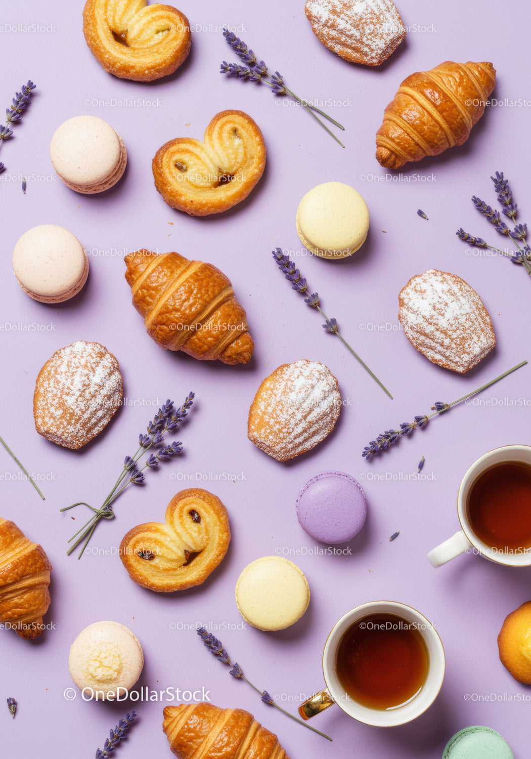 Assorted French Pastries and Lavender with Tea Cups