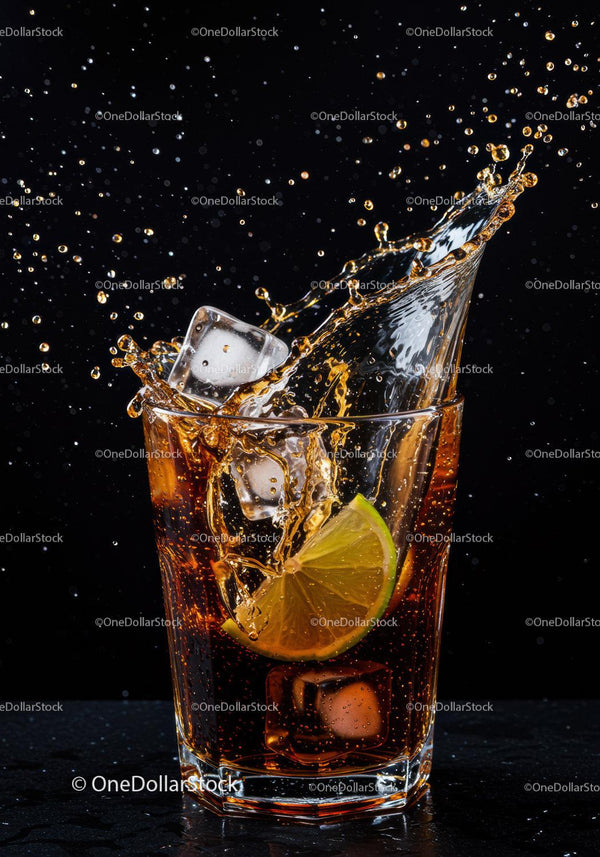 Fresh lime splash in a glass of cola with ice cubes