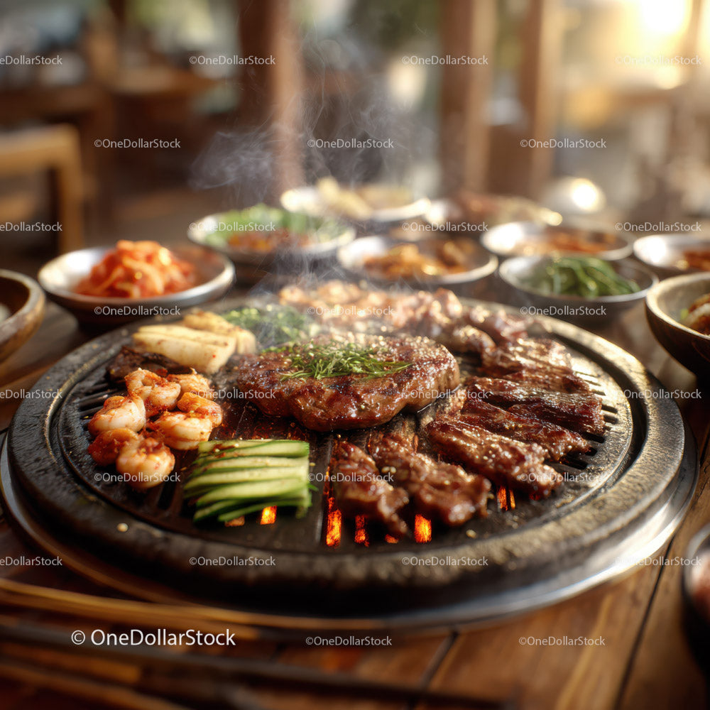 Korean Barbecue with Grilled Meat and Fresh Vegetables