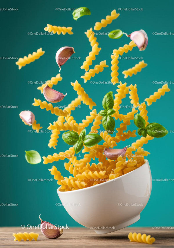 Flying fusilli pasta with garlic and fresh basil leaves