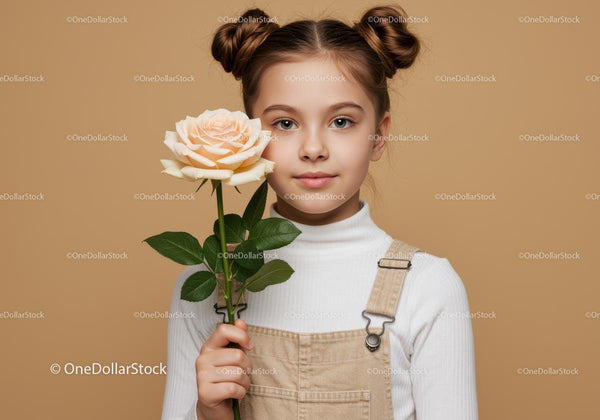 Young Girl Holding a Cream Rose with Bright Expression in Studio