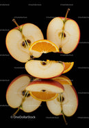 Fresh apple slices with juicy orange wedges on black