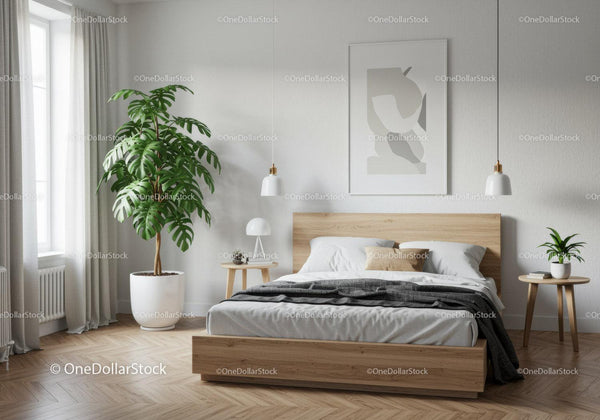 Minimalist Bedroom with Monstera and Stylish Decor in Bright Natural Light