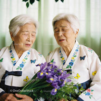 Elderly Women in Traditional Dress Holding Purple Irises