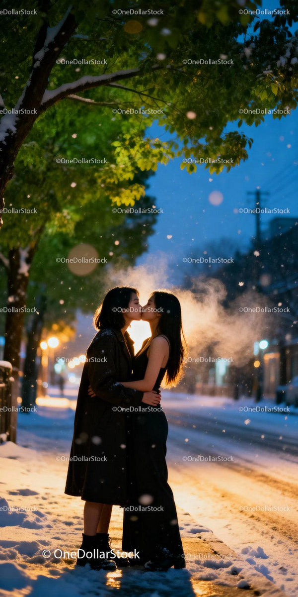 Couple sharing a tender kiss on snowy evening street
