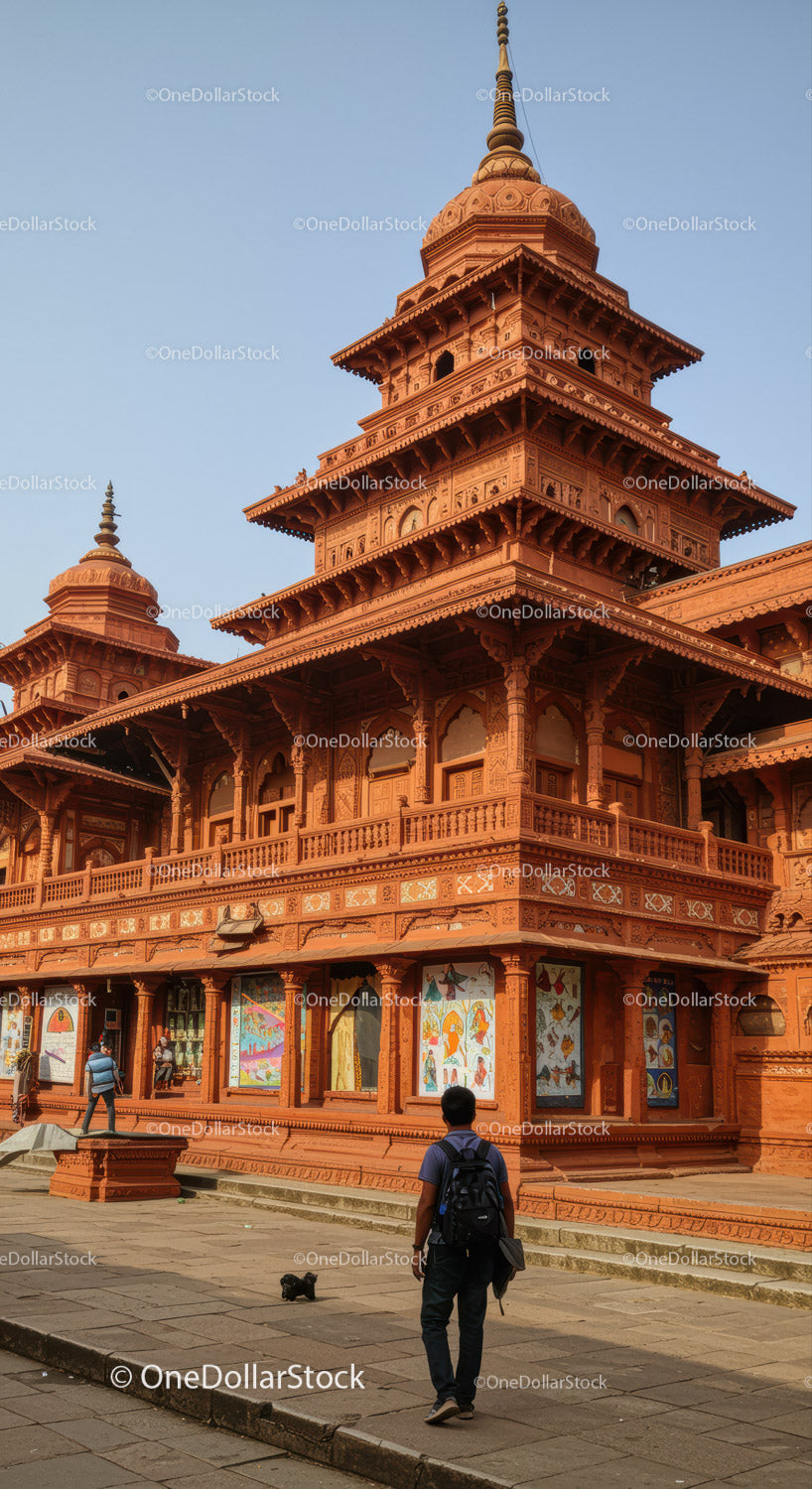 Red Sandstone Temple with Tiered Roof and Ornate Carvings