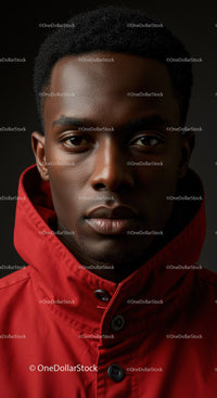 Confident young man in red jacket with dark backdrop