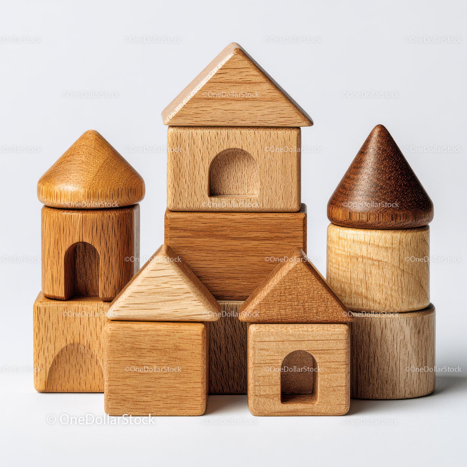 Set of Colorful Wooden Blocks and Shapes for Children's Play