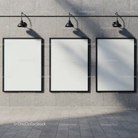 Three Blank Posters on Urban Stone Wall with Lamps