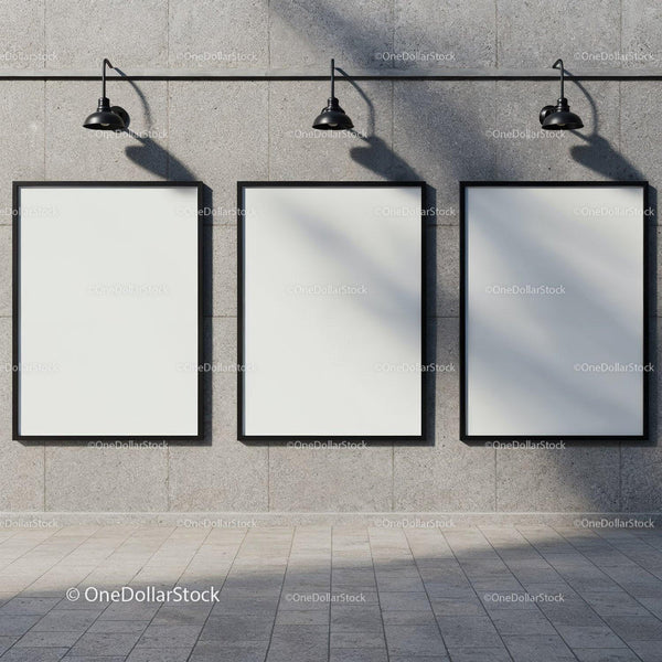 Three Blank Posters on Urban Stone Wall with Lamps JPG Mockup Image