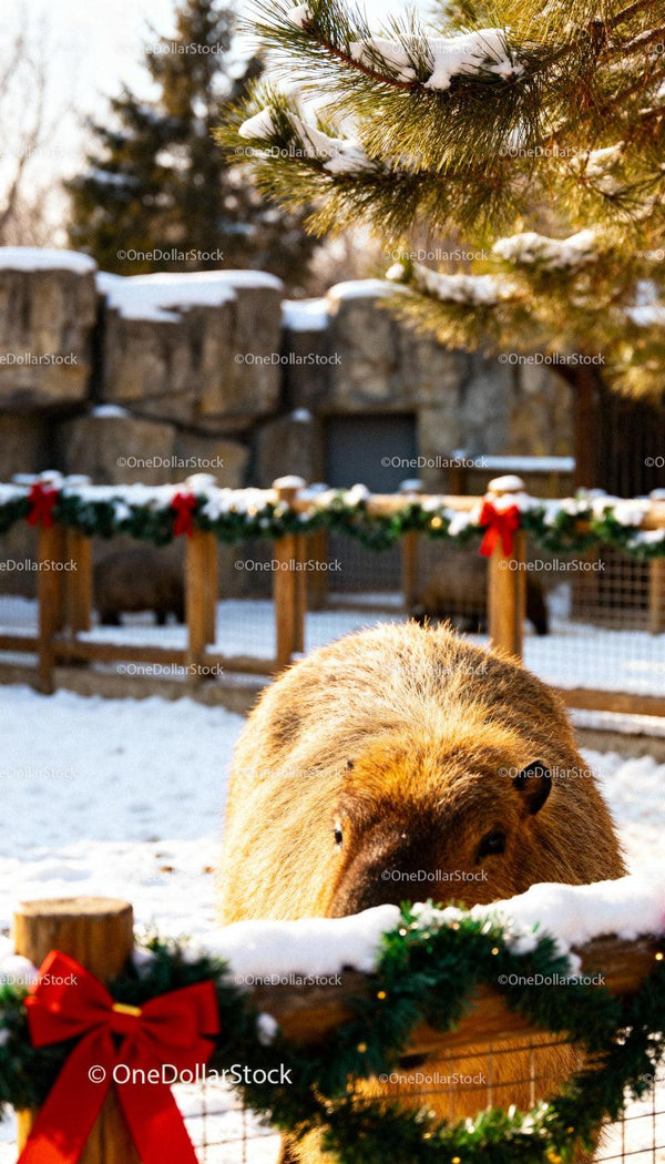 Capybara in a Festive Winter Zoo Enclosure