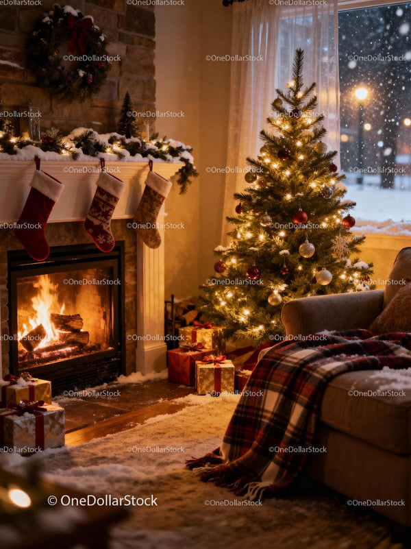 Cozy living room with Christmas decorations and fireplace
