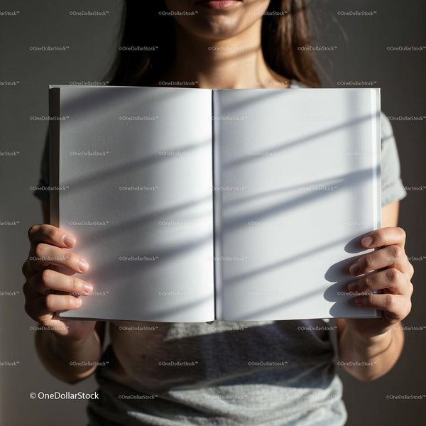 Person Holding Open Blank Book with Natural Light JPG Mockup Image