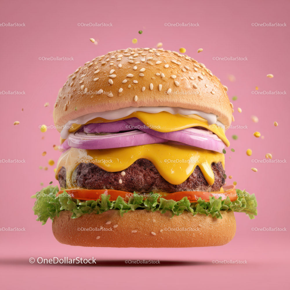 Juicy Gourmet Cheeseburger with Fresh Ingredients on Pink Background