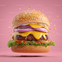 Juicy Gourmet Cheeseburger with Fresh Ingredients on Pink Background