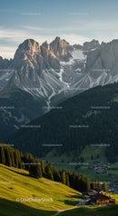 Majestic Snow-Capped Mountain Peaks Over Lush Green Hills and Village