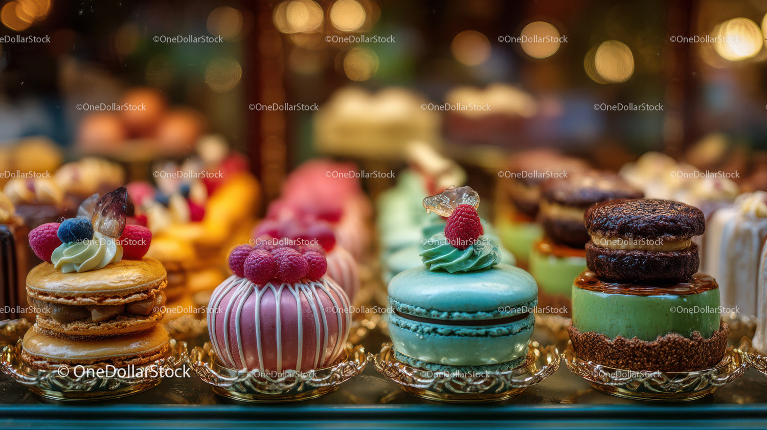 Colorful Gourmet Dessert Pastry Display with Macarons and Fruit Toppings