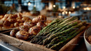 Fresh Green Asparagus and Roasted Potatoes on Rustic Wooden Tray