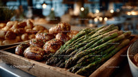 Fresh Green Asparagus and Roasted Potatoes on Rustic Wooden Tray