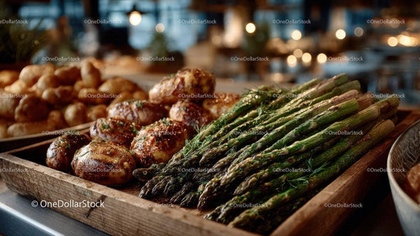 Fresh Green Asparagus and Roasted Potatoes on Rustic Wooden Tray