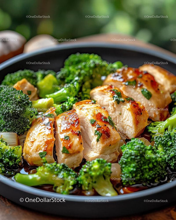 Grilled Chicken Breast with Fresh Broccoli Florets in a Black Dish Stock Photo Bundle (12 JPG Files)