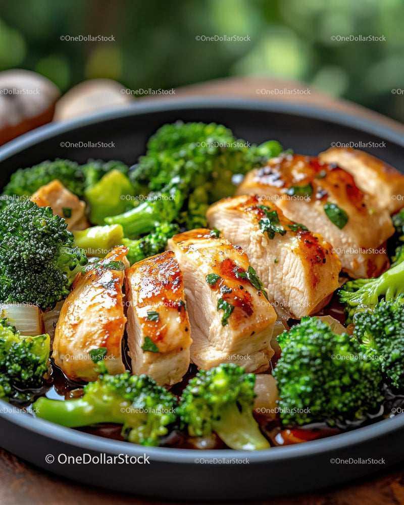 Grilled Chicken Breast with Fresh Broccoli Florets in a Black Dish (12 Images)
