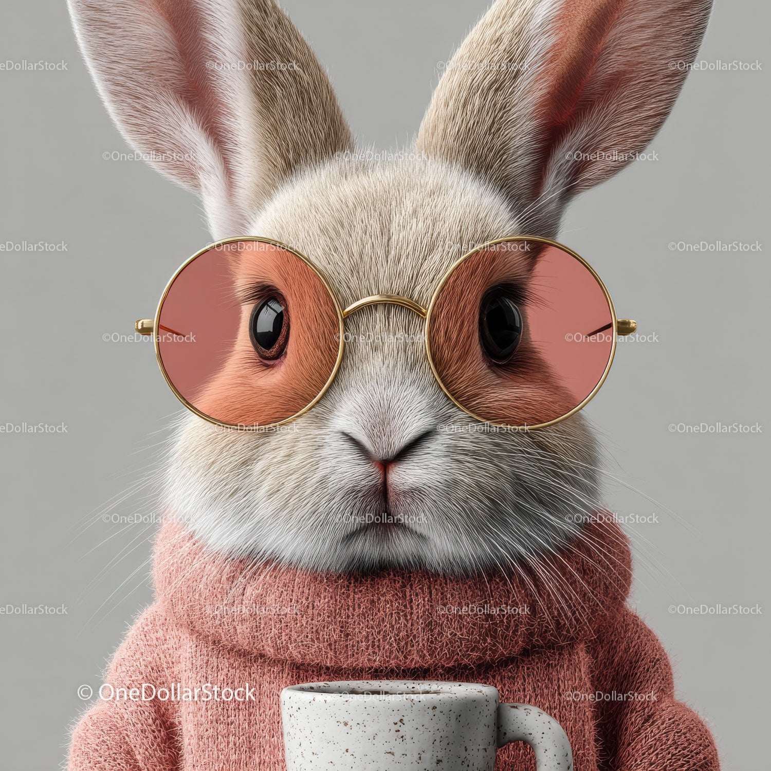 Cute Bunny Wearing Sunglasses and Cozy Pink Sweater Holding Coffee Mug