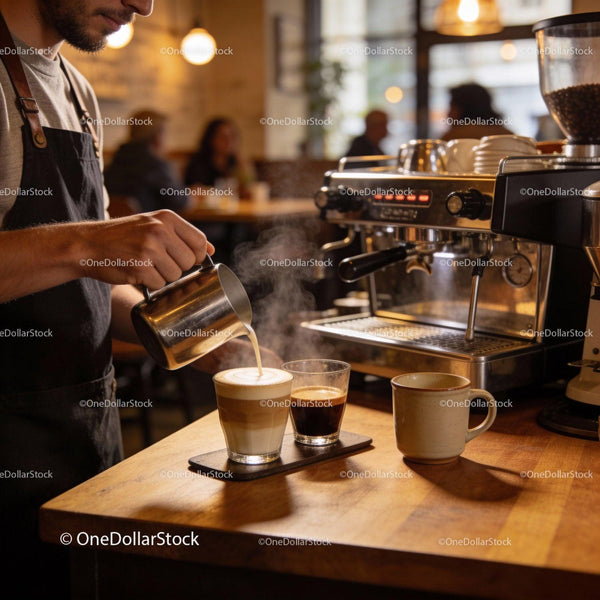 Barista pouring steamed milk into fresh coffee drinks