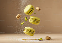 Green pistachio macarons with sprinkled powdered sugar