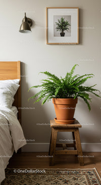 Green Fern in Terracotta Pot on Wooden Stool in Cozy Bedroom