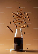 Glass bottle with cold brew coffee and floating spices