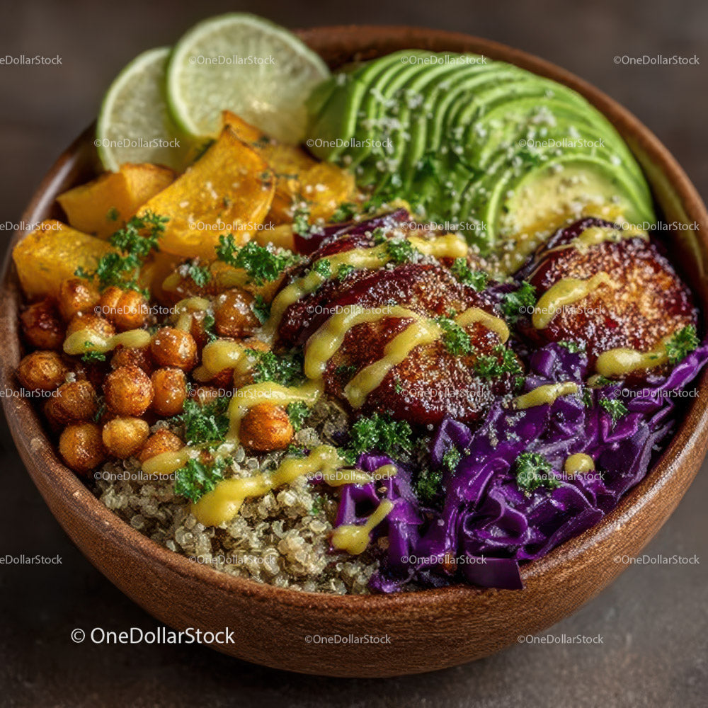 Colorful Vegetarian Bowl with Sweet Potatoes Avocado Cabbage and Chickpeas