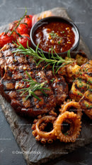 Grilled Octopus and Beef Steak with Cherry Tomatoes and Rosemary
