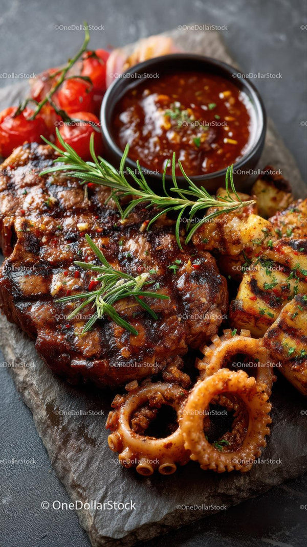 Grillowany Ośmiornica i Stek Wołowy z Pomidorkami Cherry i Rozmarynem