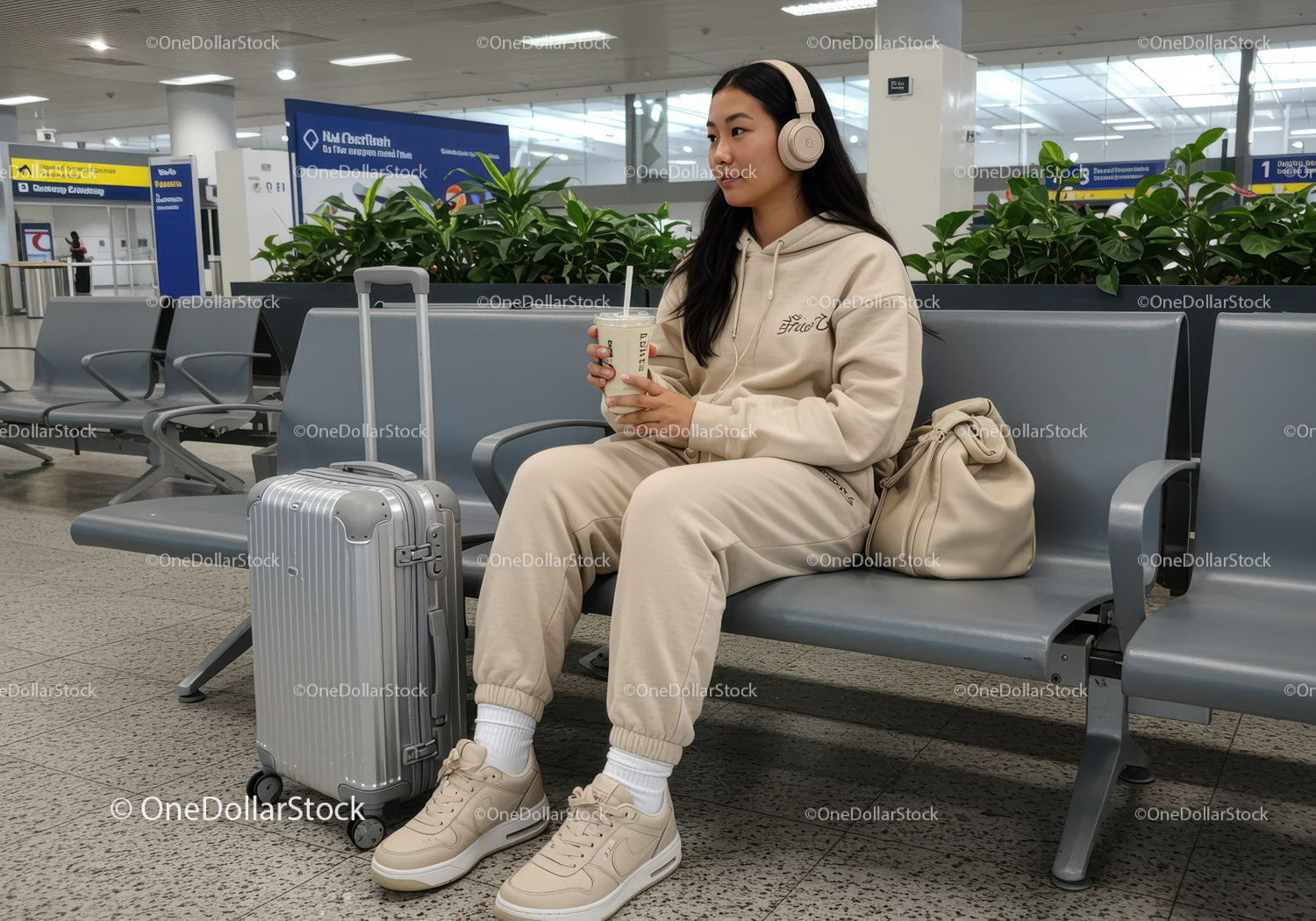 Young Woman Relaxing at Airport with Suitcase and Coffee