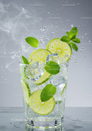 Refreshing lime and mint sparkling water with ice cubes