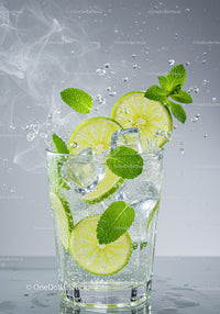 Refreshing lime and mint sparkling water with ice cubes